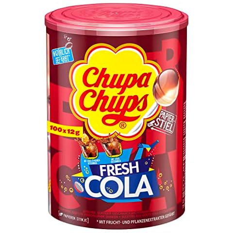 Chupa Chups Fresh Cola Lutscher-Dose, enthält 100 Lollis in den Geschmacksrichtungen Cola & Cola-Zitrone, praktische Aufbewahrungs-Dose, 100 x 12g Cover