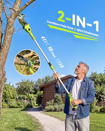 Image of 10 Inch Electric Pole Saws for Tree Trimming, 1000W Brushless Pole Saw and Mini Chainsaw 2 in 1, 2*4000mAh Battery, Lightweight Tree Saw with Extension Pole, 16Ft Max Reach Tree Trimmer Branch Cutter