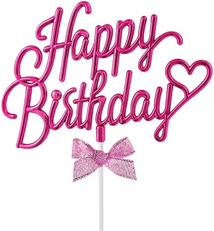 Hot Pink Happy Birthday Cake Topper Plastic - 3D Double Sided Happy Birthday Sign for Cake with Bow, Idea for Birthday Cake Decoration and Birthday Photo Booth Props (HOT PINK)