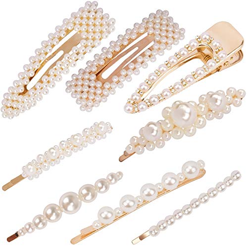 ANBALA Pearl Hair Clips for Women Girls, 8pcs Pearl Alligator Clips Barrettes Bobby Pins Snap Clips Decorative Hair Accessories for Party Wedding Daily, Applies to Bun Updo