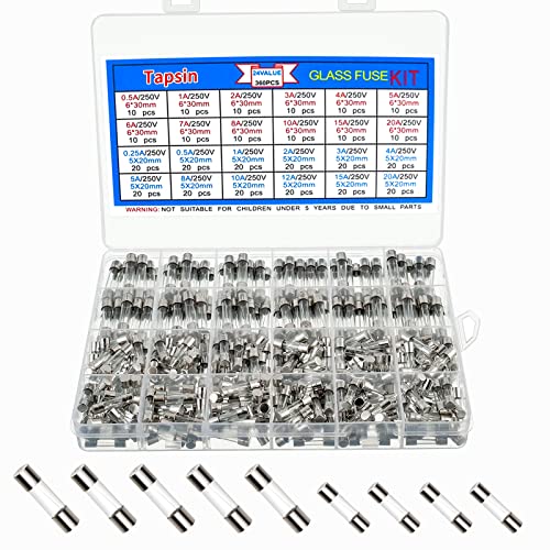 Tapsin 360 Stück Sicherungen Glassicherungen Sortiment 24 Werte 5 x 20mm 6 x 30mm 0.25A 0 5A 1A 2A 3A 4A 5A 6A 7A 8A 10A 12A 15A 20A 250V Feinsicherung Sicherung Glassicherung Kit