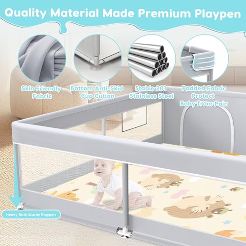Image of Fshibila Baby Playpen with Mat, Baby Playard for Toddlers, Sturdy Safety Play Yard with Soft Breathable Mesh, Anti-Fall, 50 * 50 * 27 inches Grey