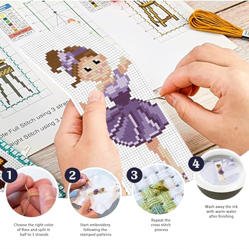 Image of FREEBLOSS 6 Set Cross Stitch Kits with Instructions - Cartoon Ballerina Pattern Punch Needle Kit for Beginners - Gift Bookmarks