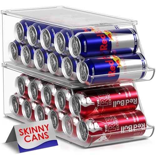Sorbus Skinny Soda Can Organizer for Refrigerator - Stackable Slim Can Holder Dispenser with Lid for Fridge, Pantry, Freezer - BPA-Free, Clear Design, Drink Organizer for Fridge (2-Pack)