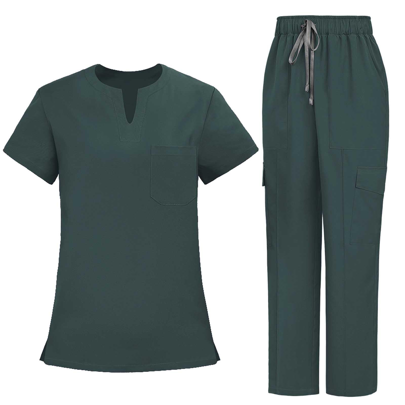 Women Housekeeping Uniforms - Medical Scrubs for Women Set - V-Neck Top &amp; Straight Leg Pants with Multi Pockets
