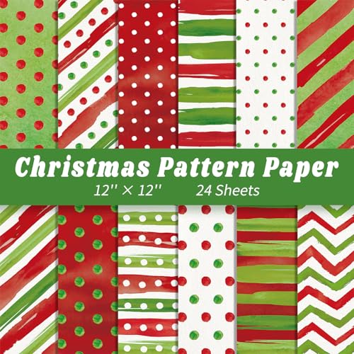24 Sheets Christmas Pattern Paper 12'' × 12'' Double-Sided Christmas Scrapbook Craft Origami Paper Red Green Decorative Decoupage Cardstock for Xmas Holiday DIY Card Making Scrapbook Decoration