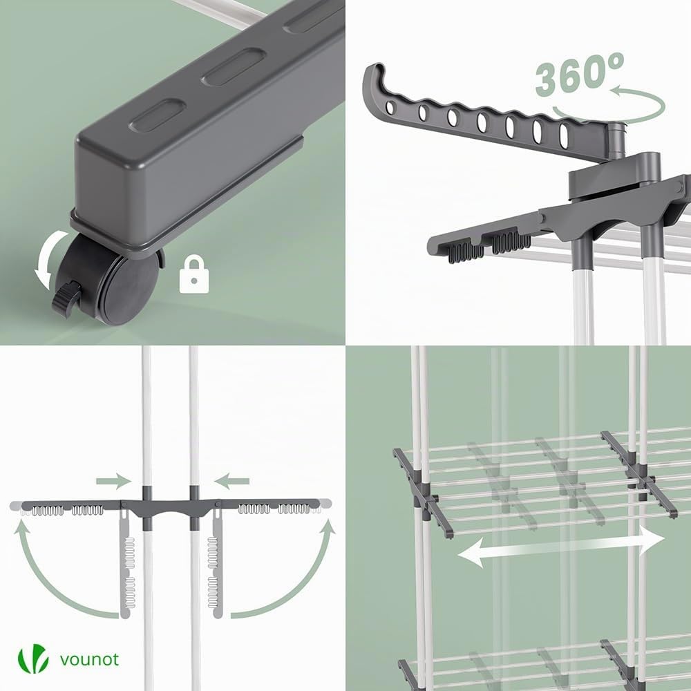 VOUNOT® 2 in 1 Stendino Verticale Salvaspazio Allungabile, 3 Livelli Stendibiancheria a Torre Pieghevole con Ruote, 12 Ali e 2 Bracci Estensibili per Interno ed Esterno, Bianco