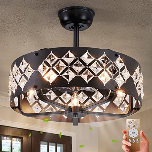 Dalouguan Caged Ceiling Fan with Light, 20" Black Crystal Enclosed Ceiling Fan with Lights and Remote, Industrial Bladeless Ceiling Fan for Living Room Bedroom Kitchen