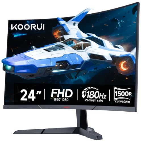 KOORUI Curved Gaming Monitor 24 Zoll,180Hz, 1ms, 1920x1080, FHD, 1500R, Adaptive-Sync, HDR10, VESA, inklusive DP- und HDMI-Kabel,Schwarz
