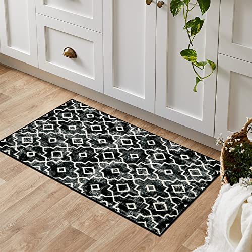 Wonnitar Moroccan Washable Area Rug - 2X3 Black Front Door Rug Non-Slip Distressed Small Rug Modern Geometric Trellis Throw Door Mat Indoor Floor Carpet For Entryway Bathroom Kitchen #TOP6