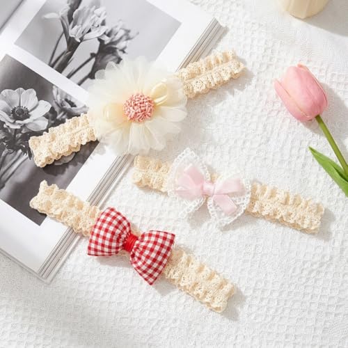 Image of SNOWIE SOFT 3-Piece Baby Girl Lace Headband Set with Tulle Flower, Pink Satin Bow & Red Gingham Bow Soft Stretch Elastic Hair Accessories for Newborns & Toddlers, Photo Props, Parties & Everyday