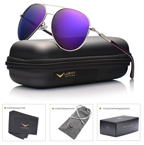 LUENX Aviator Sunglasses for Women Mens Polarized Driving Sun Glasses Mirror Purple Lens Silver Metal Frame 60mm