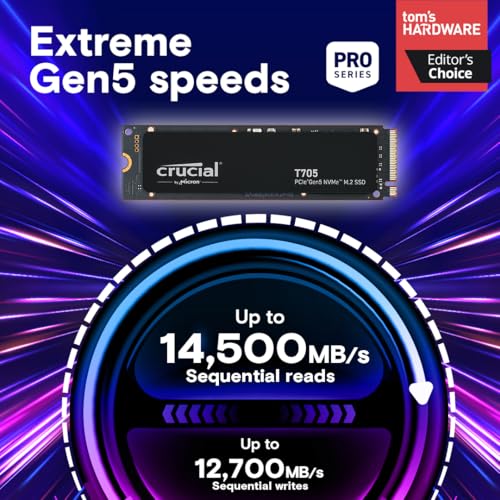 Image of Crucial T705 PCIe Gen5 NVMe 2TB SSD, Up to 14,500MB /s, TLC NAND, Intel & Ryzen Compatible, for Hardcore Gaming & High-Speed Storage, Solid State Drive, Includes 1Mo Adobe CC - CT2000T705SSD3
