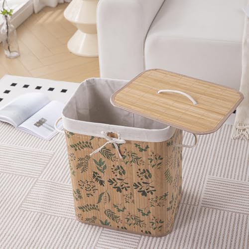 Image of HOKIPO Eco-Friendly Foldable Bamboo Laundry Basket Hamper with Lid, Large - 60 Liter, Fern Leaves (AR-5753), Multicolour