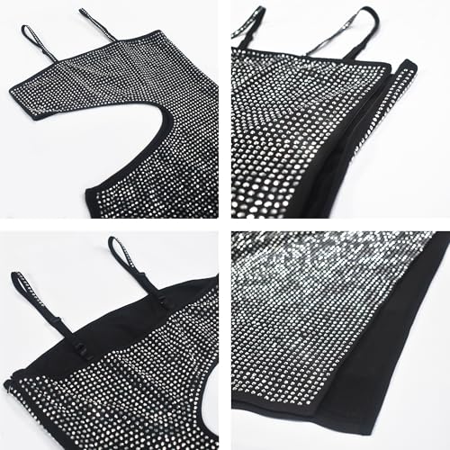 Image of Jigfar Women Sexy Elegant Rhinestone Mesh See Through Party Club Night Split Bodycon Formal Maxi Dress