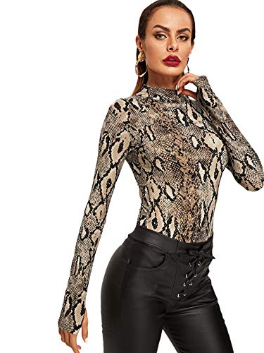 MakeMeChic Women's Pullover Snakeskin Tops Bodysuit Long Sleeves Jumpsuit Multi L