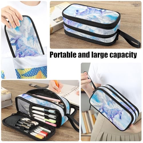 Image of Fustylead Watercolor White Horse in Lavender Field Pencil Pen Case with 3 Compartments, Lightweight & Spacious Stationery Bag Cosmetics Bag