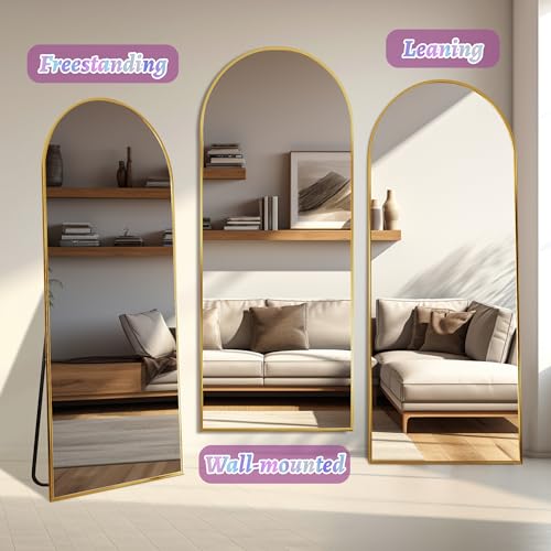 Full Length Mirror, 64"x21" Arched Floor Mirror Freestanding, Floor Standing Full Body Mirror with Stand for Bedroom, Hanging Mounted for Living Room Cloakroom, Gold