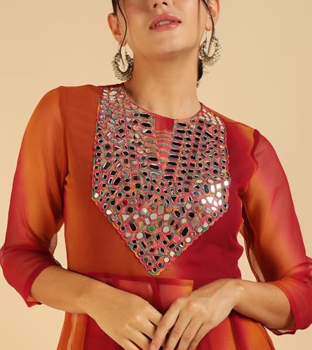 Image of DEEBACO Women's Ombre Lahariya Georgette Ankle Length Anarkali Tunic with Palazzo Co Ord Set for Women Fashion|Round Neck|Long Dress for Woman Two Piece|Casual Wear Dresses(Maroon)