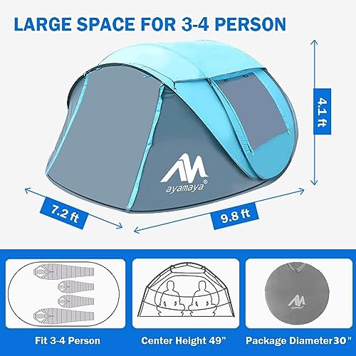 4 Person Pop Up Tents For Camping - Ayamaya Waterproof Instant Family Tents With Skylight & Removable Rainfly, Upgraded Large Size With 2 Doors -Automatic Easy Setup Beach Tent With Poles #TOP2