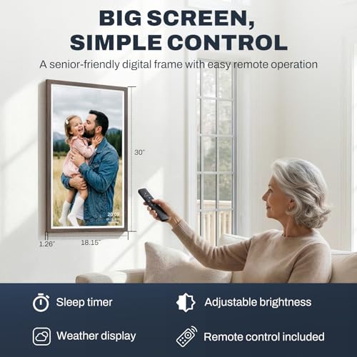 Image of 32 inch Large Digital Picture Frame, 64GB, Anti-Glare Non-Touch, WiFi Wall-Mount Frame for Home /Business, 1920x1080 FHD, Share via App, Email, USB & Micro SD, Remote Included, Dark Wood Pattern