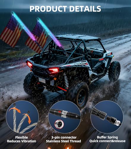 Image of ZIMABLUE 2PC 3FT Whip Lights for Side by Side, App & Remote Control RGB Chasing Lighted Whips with 3 Switchs for ATV UTV Dune Buggy Truck,LED Whip Light Compatible with Polaris RZR Can-Am Maverick X3