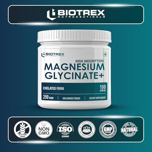 Image of Biotrex Nutraceuticals Magnesium Bisglycinate Powder | Sleep, Cramps, Nerve & Muscle Health | Mood Balance & Energy Production | High Absorption - 250Gram (100 Servings)