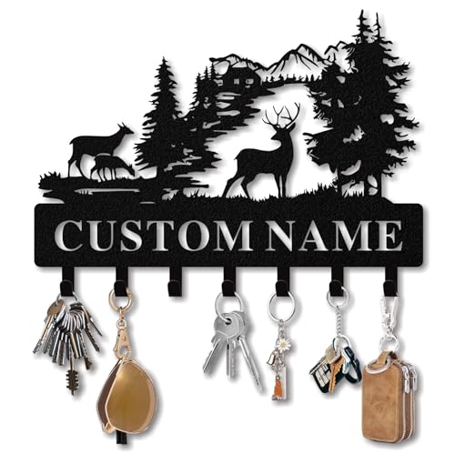 Quanqiuyi Personalized Forest Deer Coat Rack Wall Hanging Key Holder with Name, Metal Key Holder Wall Mount for Kitchen Hallway Doorway Home Decor Gift