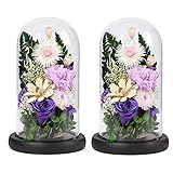 お供え プリザーブドフラワー 仏壇用 仏花 ブリザードフラワー お悔やみの花 アレンジメント 初盆の花 お供え花 生花 菊花 カラスドーム 薔薇 ローズ LED ライト付き 菊 お盆 ペット お盆飾り 仏事 法事 お彼岸 法要 一周忌 故人 (2個セット) (白+紫)