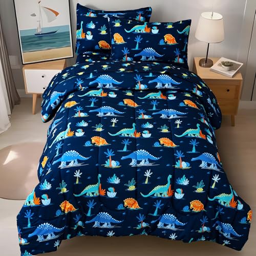 Image of david's kids 5 Piece Twin Comforter Set - Soft Breathable Bedding Twin Set for Boys Girls, Includes Quilted Comforter, Flat Sheet, Fitted Sheet, Pillowcase and Pillowsham, Dinosaur Navy