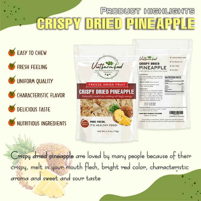 CRISPY DRIED PINEAPPLE 2.47 oz (70g) VIETFARMFOOD: Freeze-dried, no sugar added, naturally sweet. Nutritious, pure, and crunchy. Great for snacking, toppings, desserts, or healthy gifting. - Image 4
