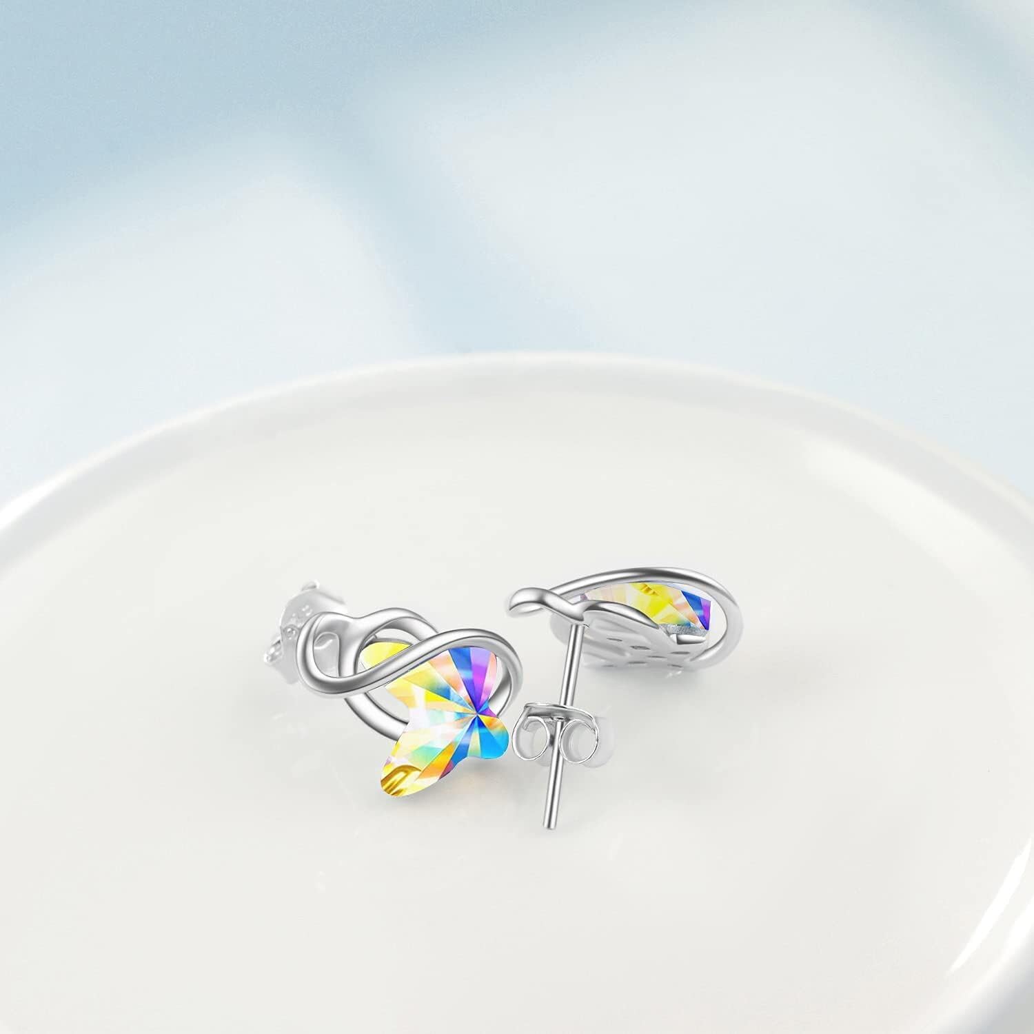 925 Sterling Silver Butterfly Stud Earrings with Crystals, Butterfly Jewellery Gifts for Women Girls
