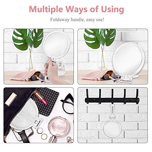 Cheftick Double Sided Hand Held Mirror - 1X & 7X Magnifying Travel Makeup Mirror With Adjustable Folding Handle, Portable, Transparent & Round (6") #TOP4