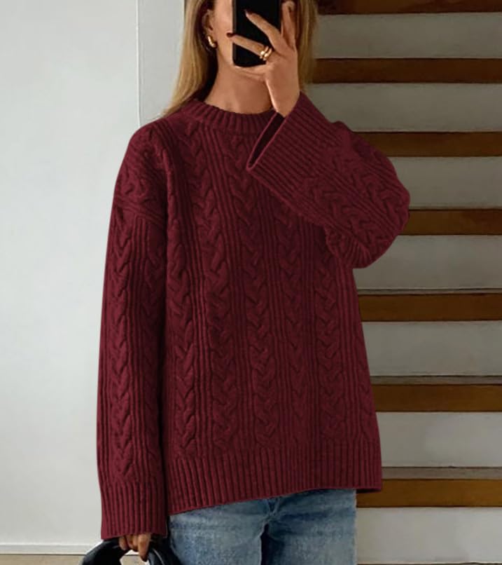 Okiwam Women's Oversized Sweaters Crewneck Cable Knit Pullover Casual Loose Fall Outfits Fashion Clothes 2025