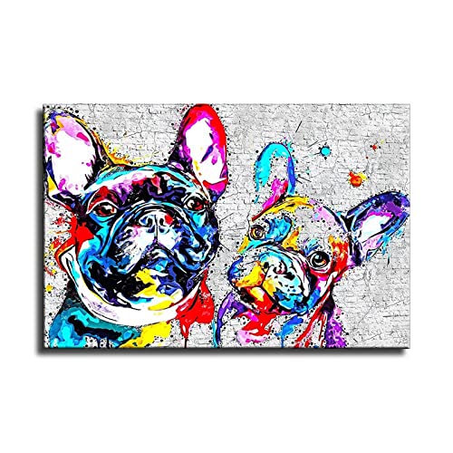 HHGaoArt Art mural coloré bouledogue français - Poster abstrait de chien - Impression sur toile mignonne pour le salon des enfants (sans cadre, 40,6 x 61 cm)
