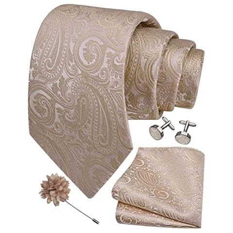 GUSLESON Mens Champagne Tie for Wedding Beige Paisley Necktie Pocket Square Cufflinks and Lapel Pin Brooch Set (6103-25) Cover