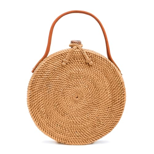Image of Novum Crafts Round Rattan Bag for Women - Handmade Ata Wicker Woven Purse - Circle, Square, Oval Brown Straw Boho Bags