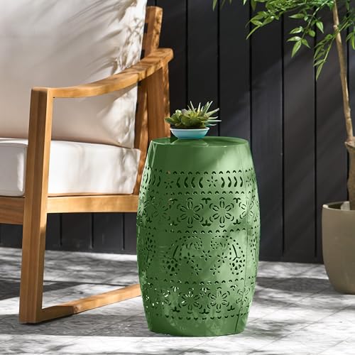 Christopher Knight Home Zoey Small Outdoor Side Table Lace Cut Iron End Table Metal Outdoor Stool Hollow Drum Round Side Table Decorative Garden Stool with Cutout Design for Patio Balcony Green