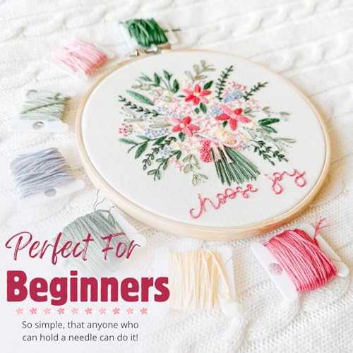 Image of Elly & Grace Christian Embroidery Kit with Embroidery Hoop, Easy Embroidery Kit for Beginners and Adults, Full Embroidery Hoop Kit with Needles and Thread Included (Choose Joy)
