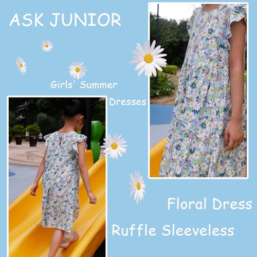 Girls Floral Dress Summer Dress Kids Round Neck Sleeveless A-Line Midi Dresses 2-14Years4