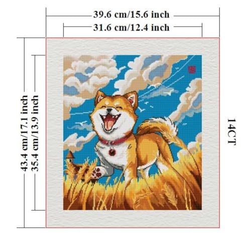 Image of Stamped Cross Stitch Kits Full Range of DIY Needlepoint for Adult Beginners Pattern, for Gift and Home Decor 14CT 2 Strands Happy Shiba Inu,15.7x16.9 inch