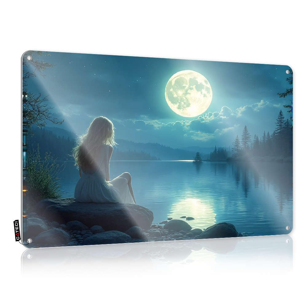 Swim Lover Decor Metal Sign Handmade Highland Welcome Bell Retro/Western Boho Room For Bedroom - Gothic Wall A Woman In White Sits By Lake Under Full Moon