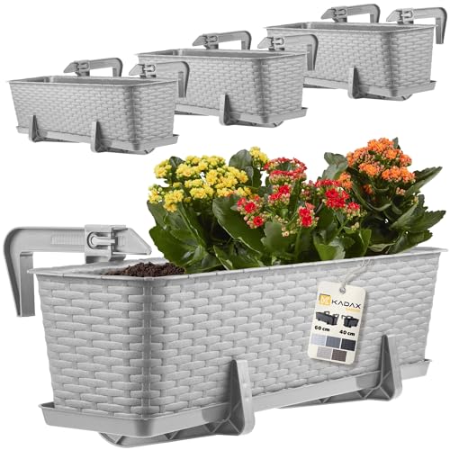 KADAX Lot de 4 jardinières 60 cm en Plastique avec Supports de Fixation – Bacs à Fleurs rectangulaires pour Balcon, Pots résistants pour Plantes et Herbes...