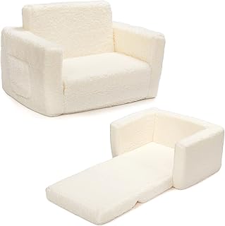 BEJOY Kids Sofa Bed 2-in-1 Flip Out Cuddly Sherpa Toddler Couch Convertible Chair to Lounger Children Sofa Bed Children\'s Day and Birthday Gift for Girls Boys, White