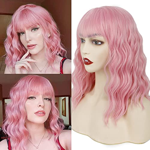 PHOCAS Rosa Bob Perücke mit Pony Rosa Perücken für Frauen Kurze lockige Welle Perücke 14 Zoll synthetische Perücke Cosplay Perücke für Mädchen Weihnachten Cover