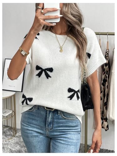 Image of GORGLITTER Women's Bow Sweater Vest Tops Short Sleeve Cute Knit Tops Casual Lightweight Summer Vacation Going Out Outfits