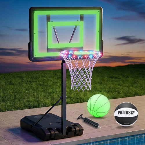 Patiassy Pool Basketball Hoop – Height Adjustable 57' to 68' Portable Poolside Basketball Hoop with Wheels, Glow-in-Dark Backboard & LED Rim, Glow Ball + Standard Ball, Indoor Outdoor Night Games