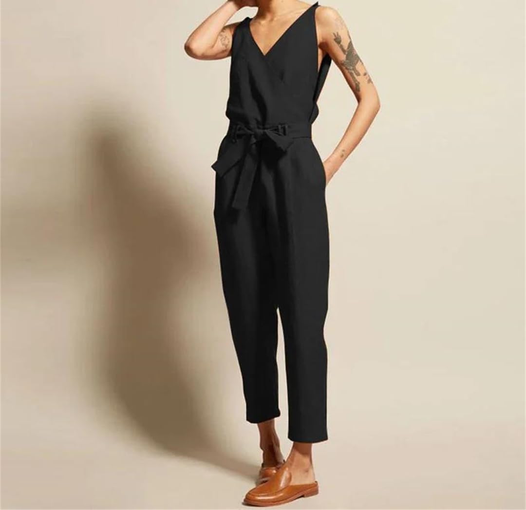 Yeuyyben Tuta da donna in cotone e lino senza maniche con scollo a V a gamba larga con coulisse in vita casual vestibilità ampia taglie pagliaccetto estivo