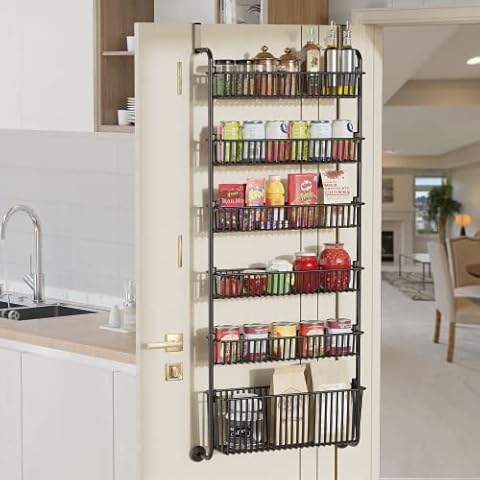 UMDONX Over The Door Organizer with 6 Mesh Baskets, Hanging Storage Rack Kitchen Pantry Dorm Office Shelf Black Metal 53.9"x 16.5"x 7.8" Cover