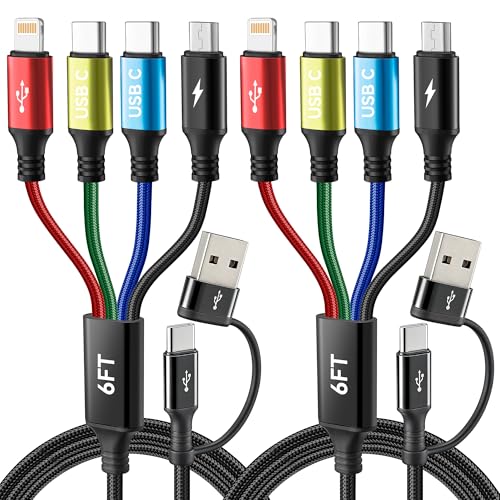 MINLU Cable de Carga Múltiple 4 en 2, Cable Cargador Multiple Doble Tipo C [2 Piezas de 1,8m] USB C/A a Dual USB C+Lightning+Micro USB Multi Cable de Carga Rápida para iPhone/Galaxy/Android/Tablet